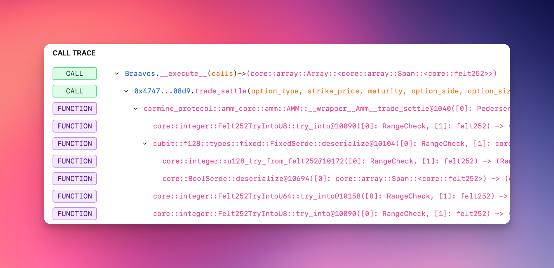 Internal function calls in a transaction call trace.