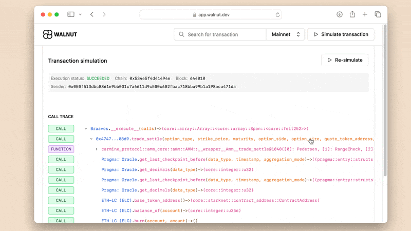 Gif of resimulating an existing transaction on Walnut